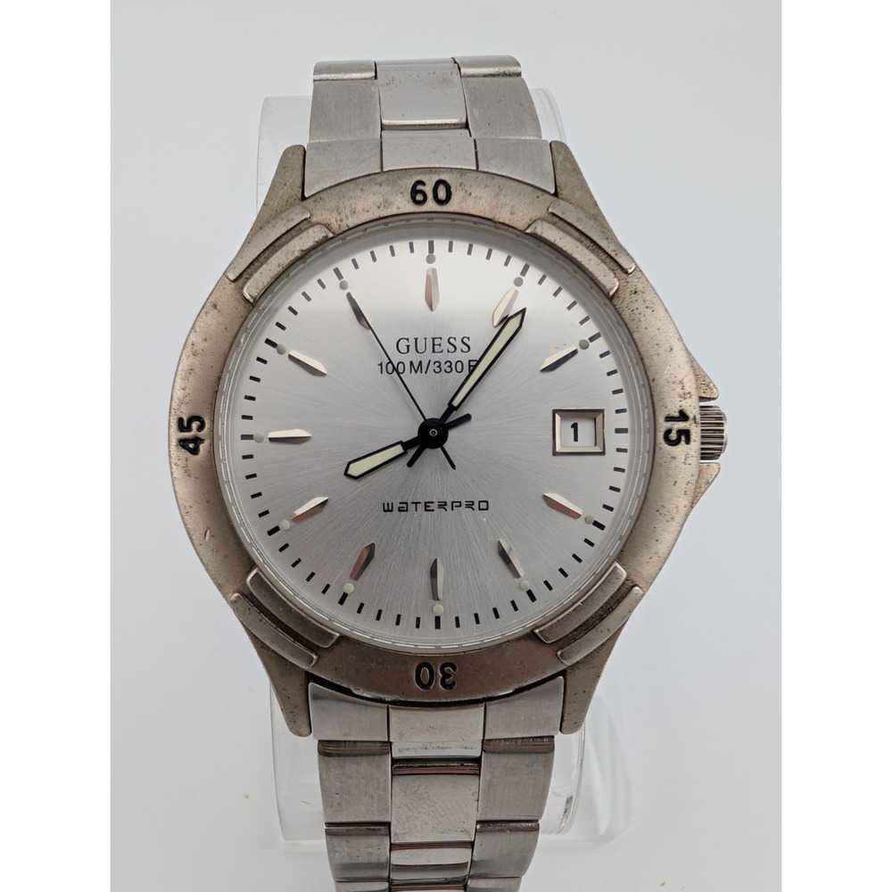 Guess Waterpro Watch Men 37mm Case 7"‎ Silver Band- New Battery